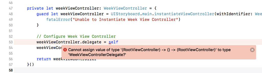 We try to reference self in the closure in which the WeekViewController instance is created.