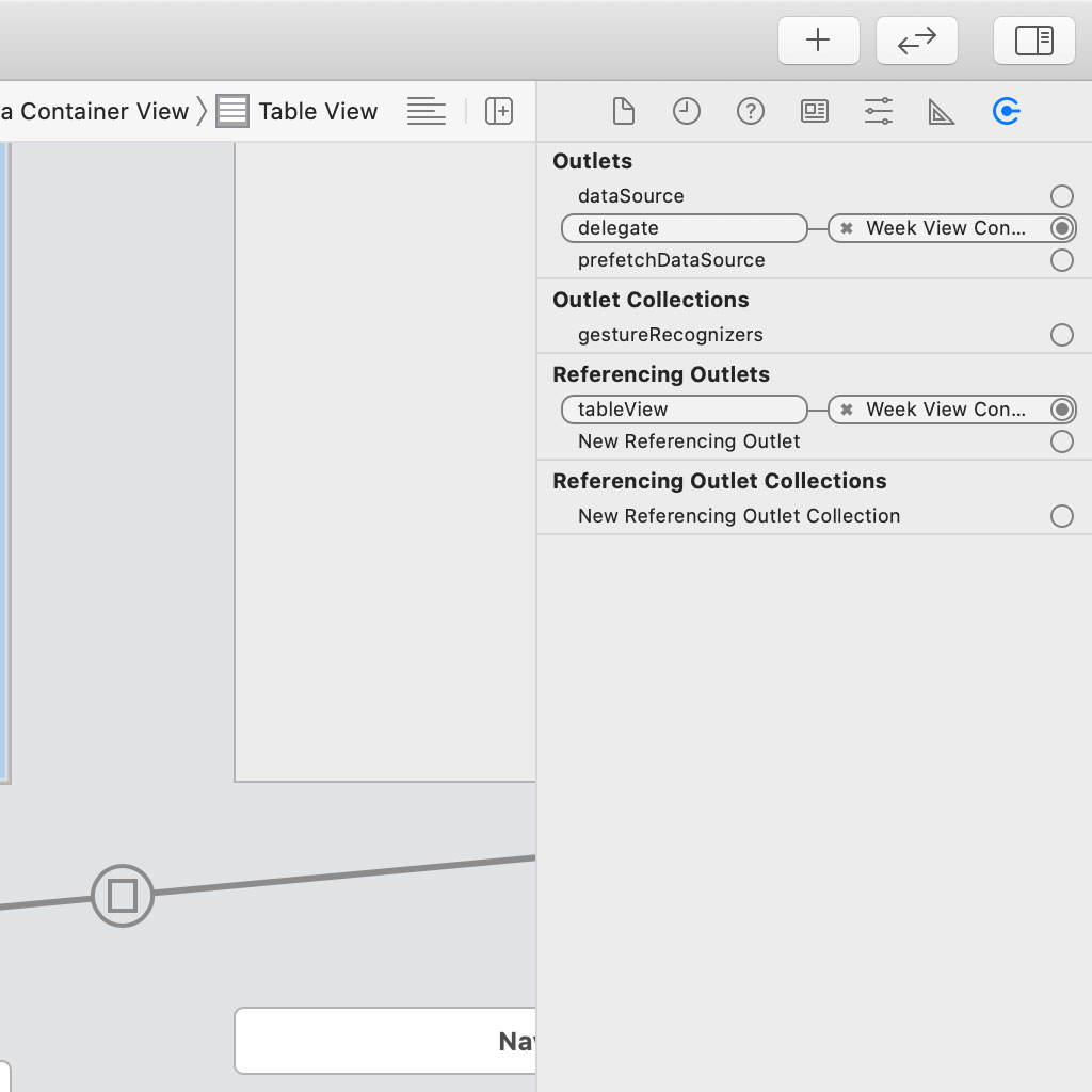 The week view controller is no longer the table view's data source.