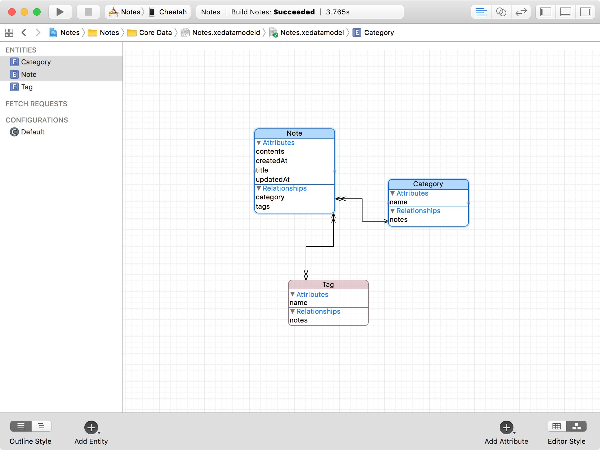 The Note and Category entities have a One-To-Many relationship.