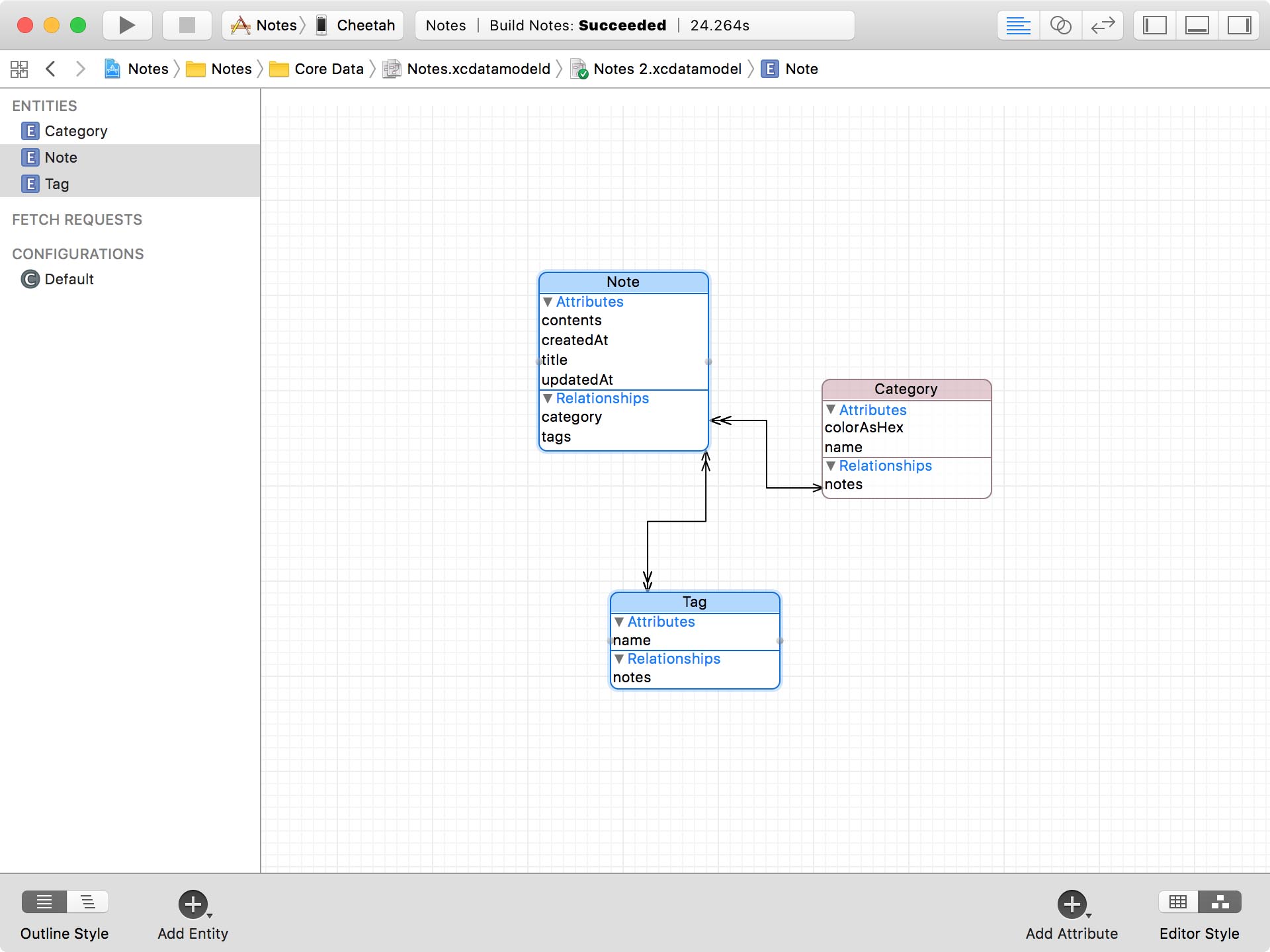 The Note and Tag entities have a Many-To-Many relationship.