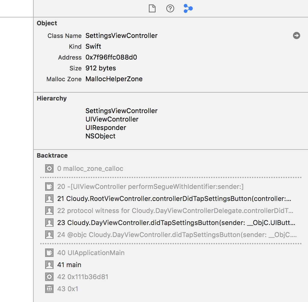 The allocation history of the `SettingsViewController` instance shows us how the object came into existence.