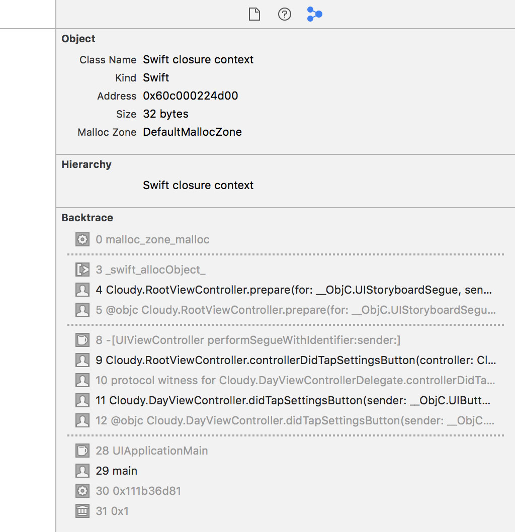 The allocation history of the closure reveals when the closure was instantiated.