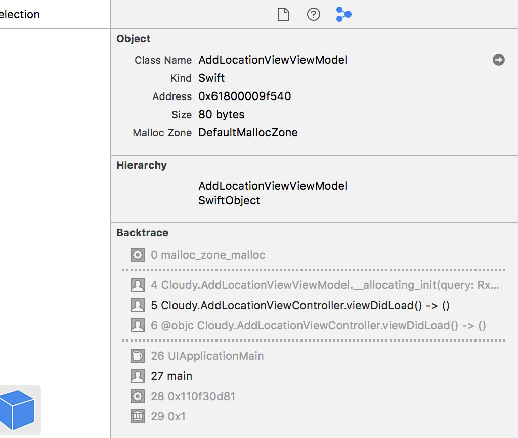 The allocation history of the AddLocationViewViewModel instance isn't helpful to debug the issue.