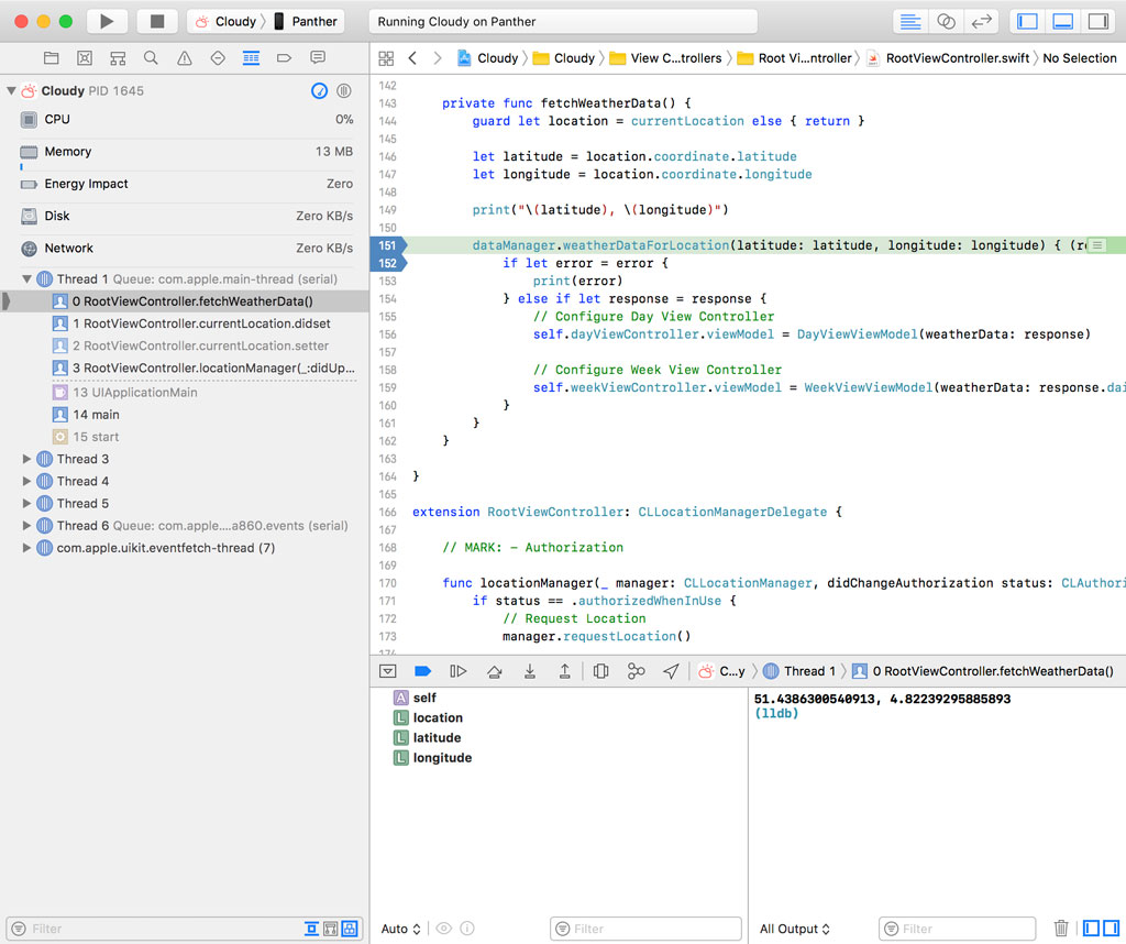 The debugger hits a breakpoint.