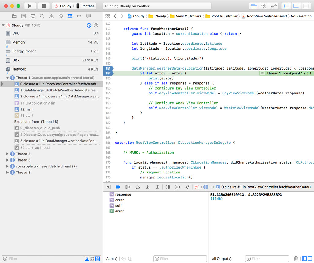The debugger hits a breakpoint.