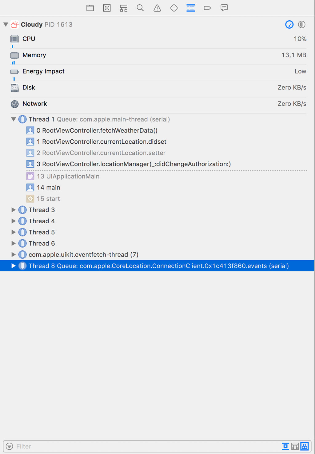 The Core Location framework operates on a background thread.