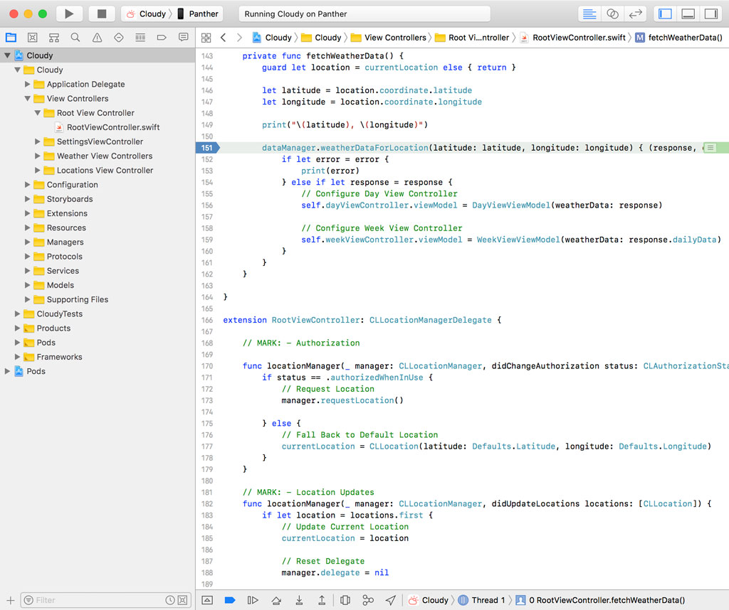 The debugger hits a breakpoint.
