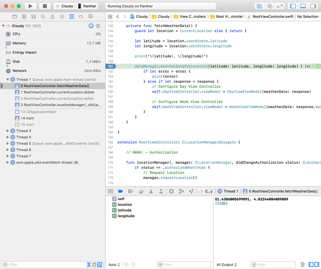 The debugger hits a breakpoint.