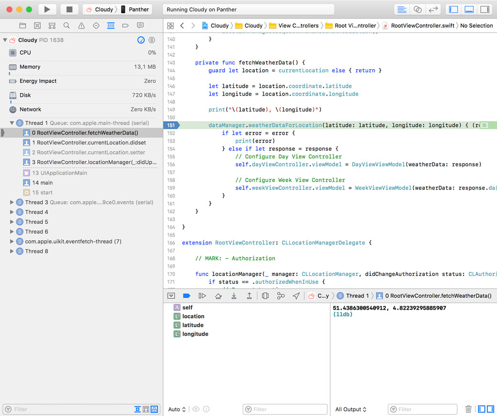 The debugger hits a breakpoint.