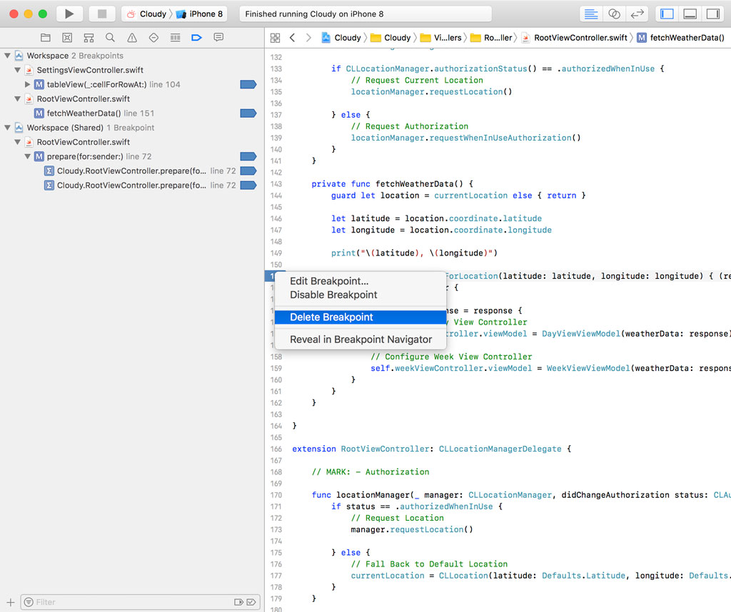 You can right-click a breakpoint and choose Delete Breakpoint from the contextual menu.