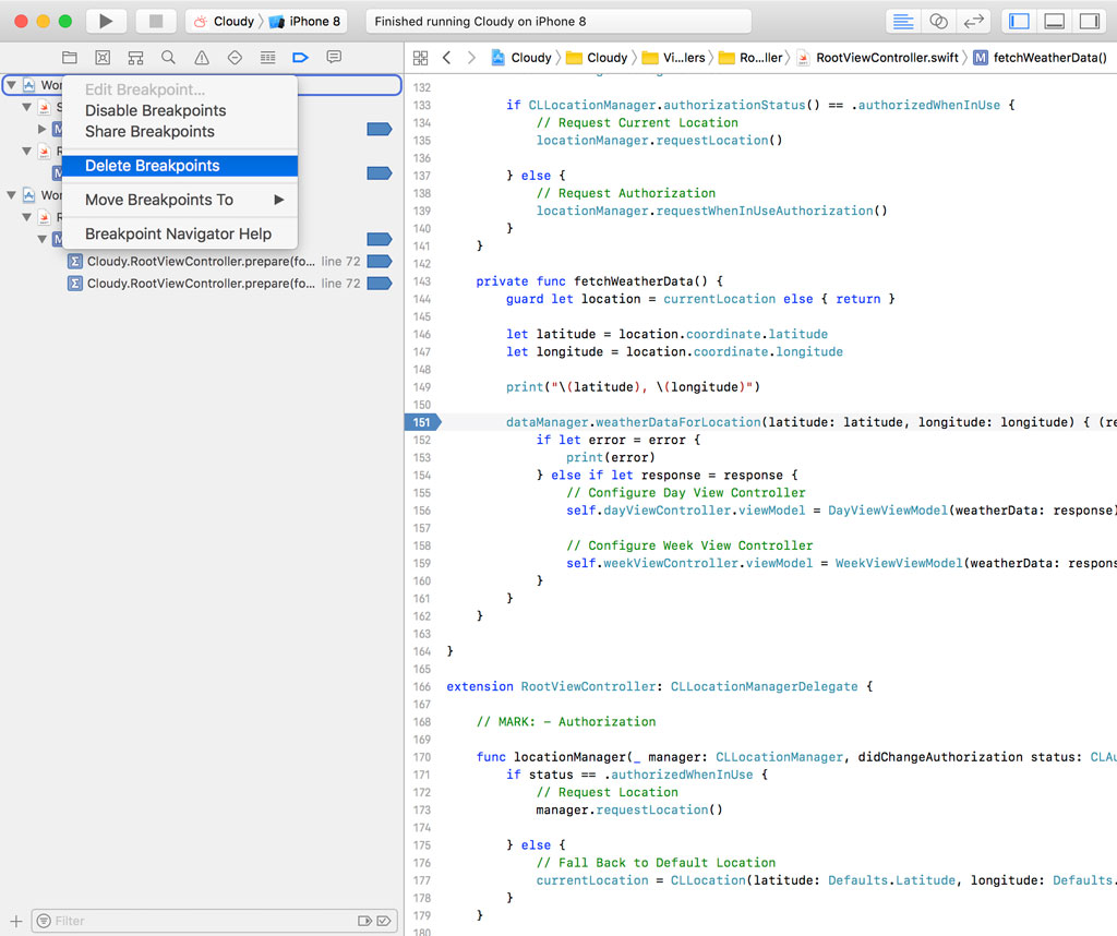 You can right-click a breakpoint, file, or scope in the Breakpoint Navigator to delete one or more breakpoints.