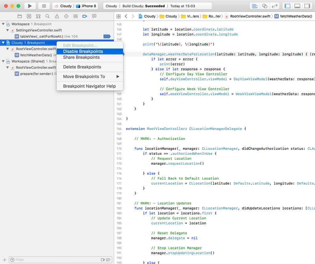 Enabling and Disabling Breakpoints In the Breakpoint Navigator