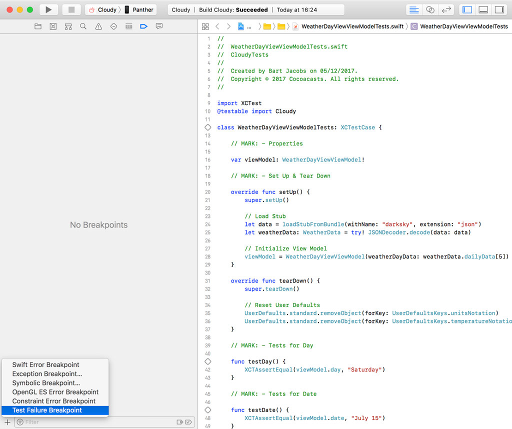 Adding a Test Failure Breakpoint