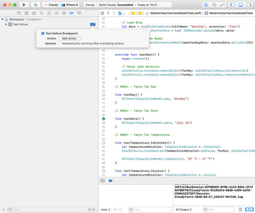 Editing a Test Failure Breakpoint