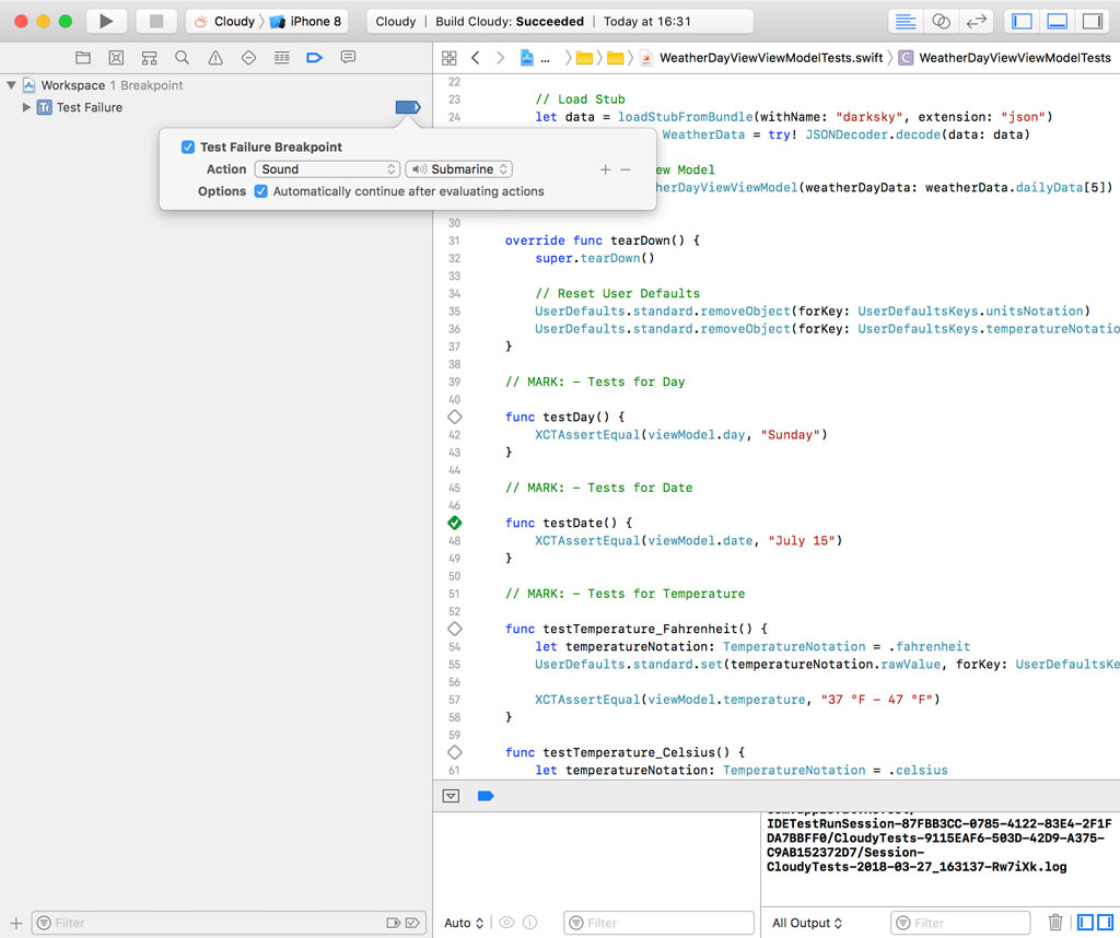Editing a Test Failure Breakpoint