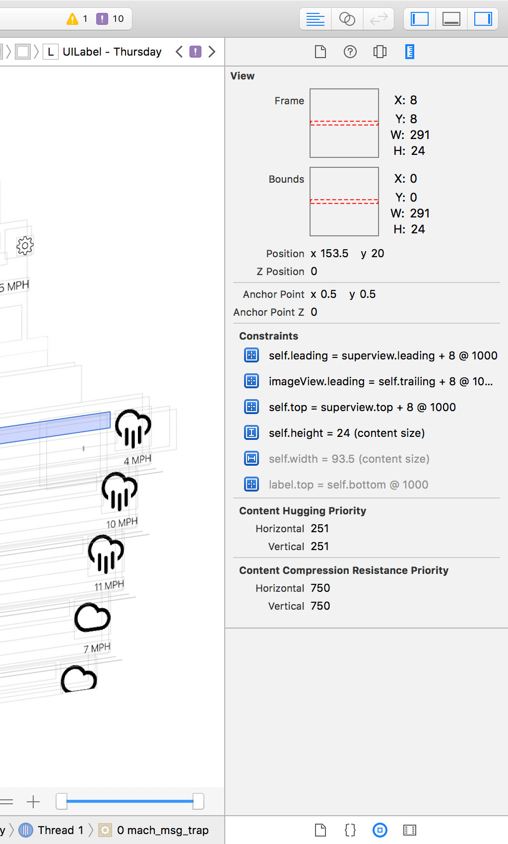 The **Size Inspector** summarizes the layout attributes of the selected view.