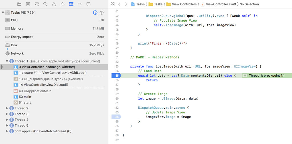 The Debug Navigator shows that the fetching of the data takes place on the main thread.