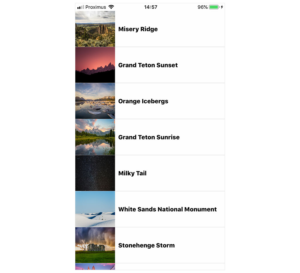 The table view is populated with images.