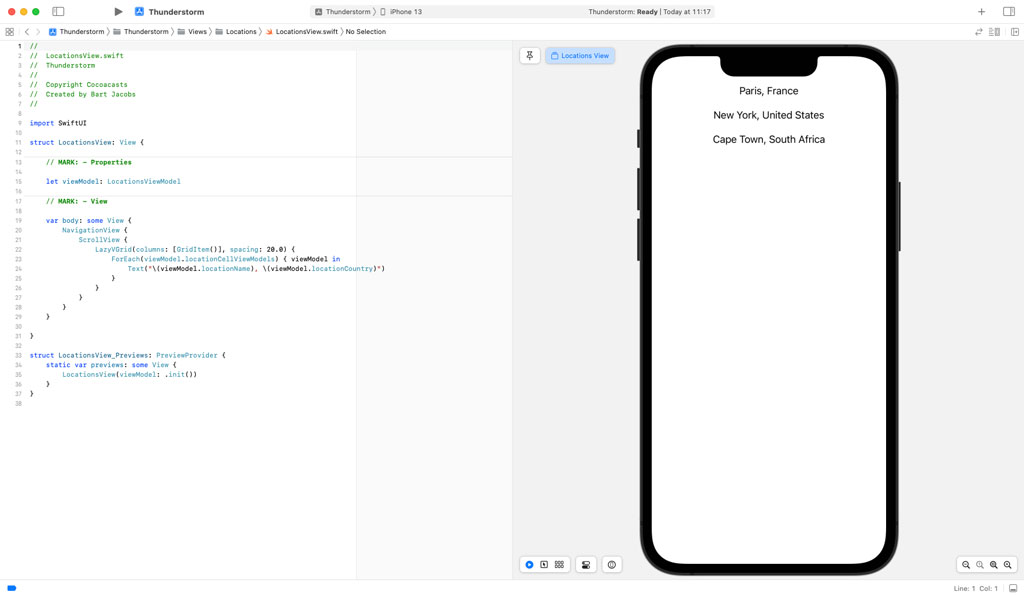 Previewing the Locations View in Xcode
