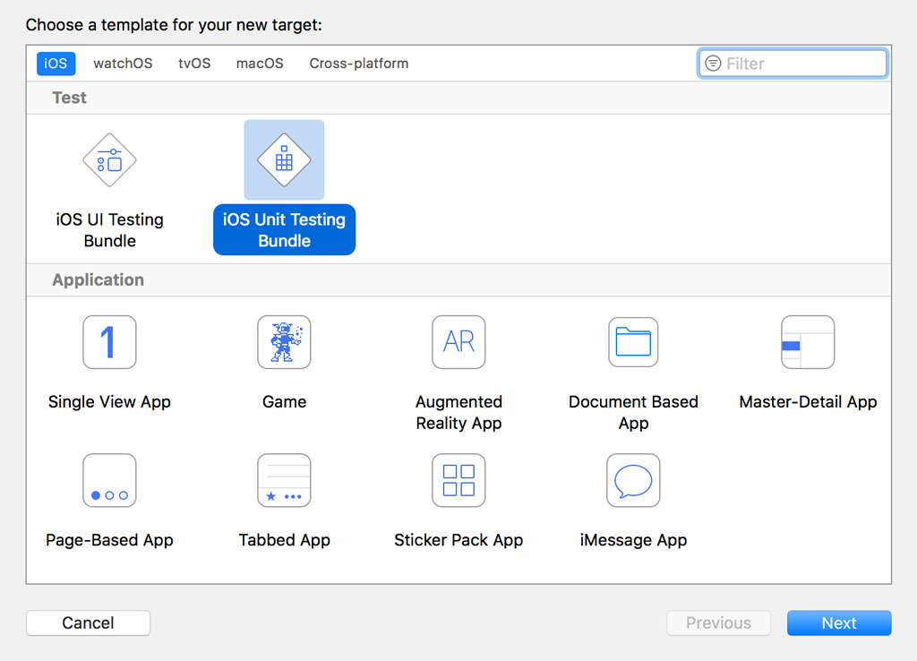 Choose iOS Unit Testing Bundle